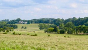 central virginia farm with green fields and trees, hazy blue sky