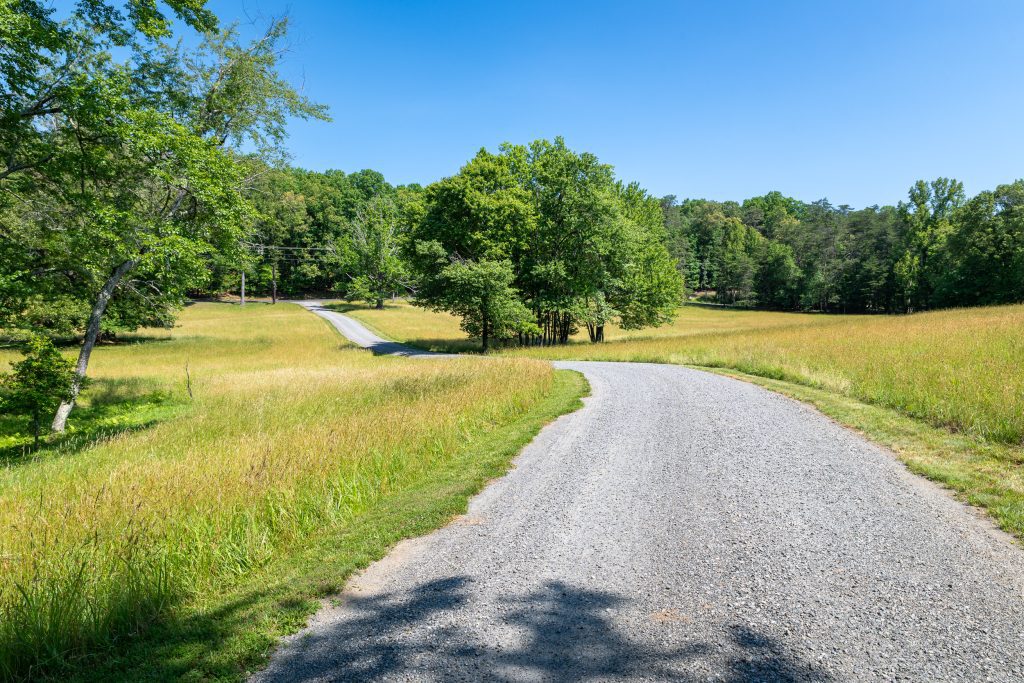 long driveway with grassy fields in Albemarle County