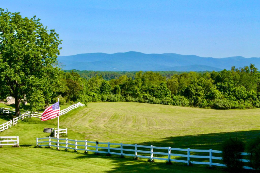 Albemarle County horse farm with view of the blue ridge mountains over green fields and white fences