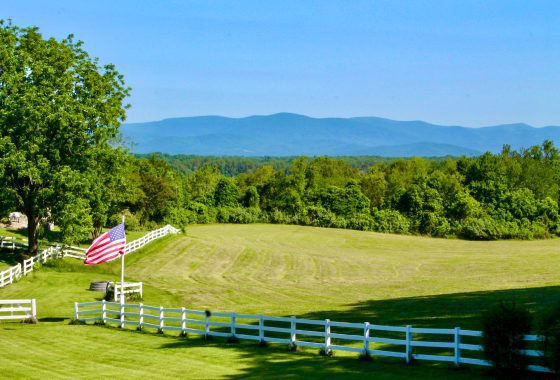 Albemarle County horse farm with view of the blue ridge mountains over green fields and white fences